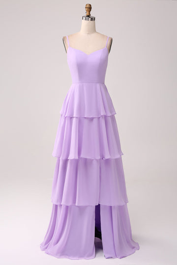 A Line Spaghetti Straps Tiered Chiffon Lilac Brudepigekjole med slids